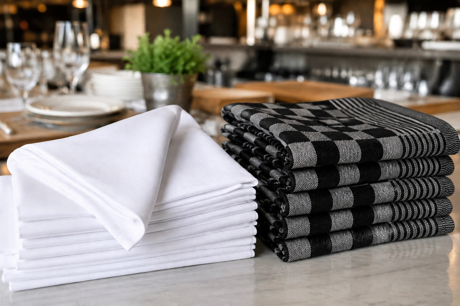 stapel witte katoenen servetten en zwarte theedoeken gevouwen in een horeca zaak